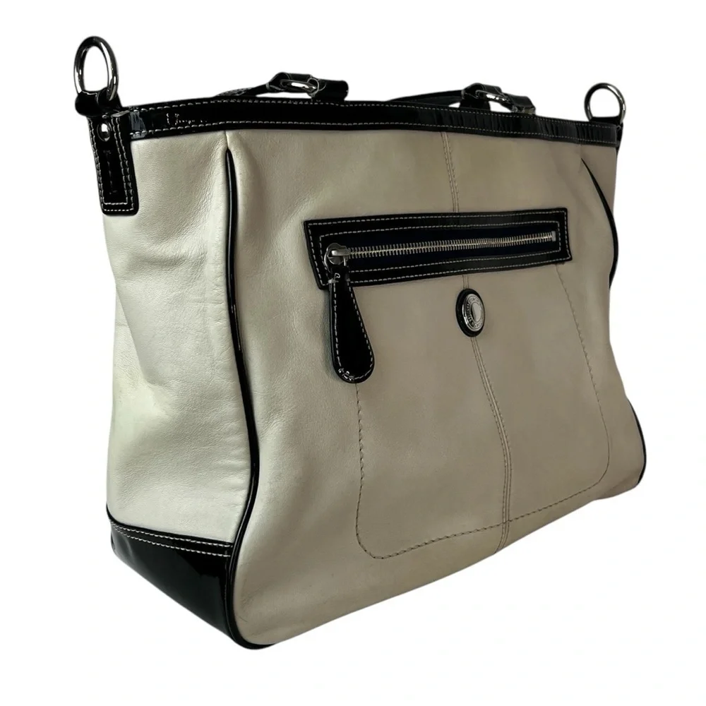 Coach Laura North South Leather Shoulder Bag Off White Black Trim Purse FLAW